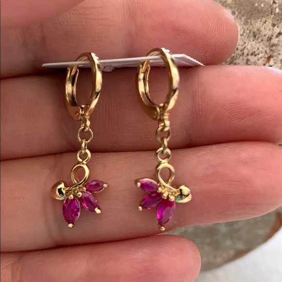 Gold Plated Dangle Earrings with Pink Gemstone Charm - Picture 1 of 4